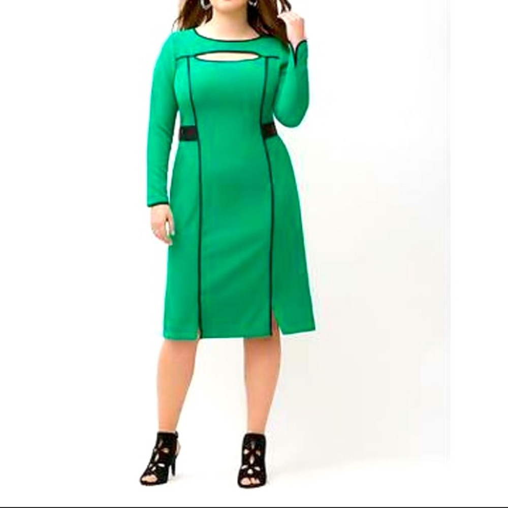 LANE BRYANT INFINITE STRETCH DRESS WITH CUTOUTS & FAUX LEATHER